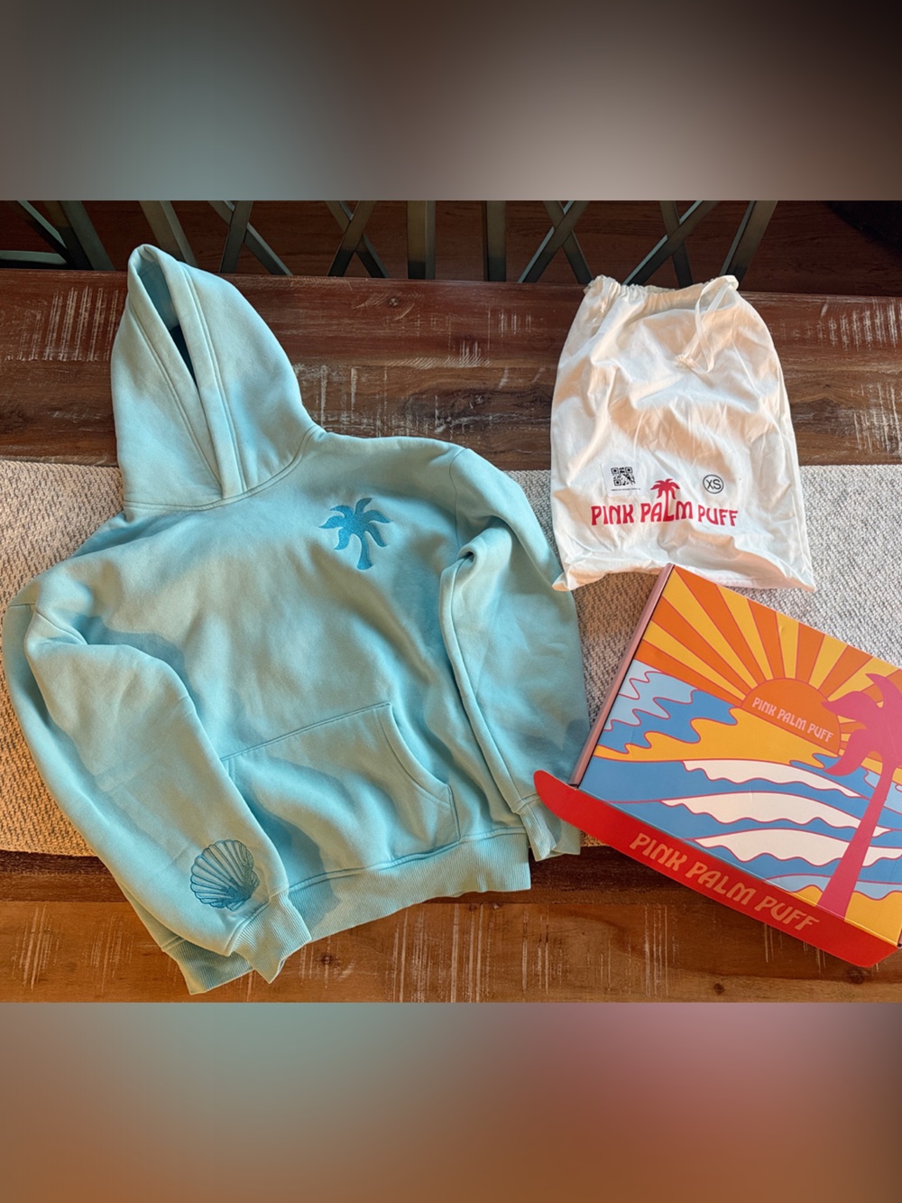 Size XS Pink Palm Puff Viral Hoodie- aquamarine Hawaii Hibiscus